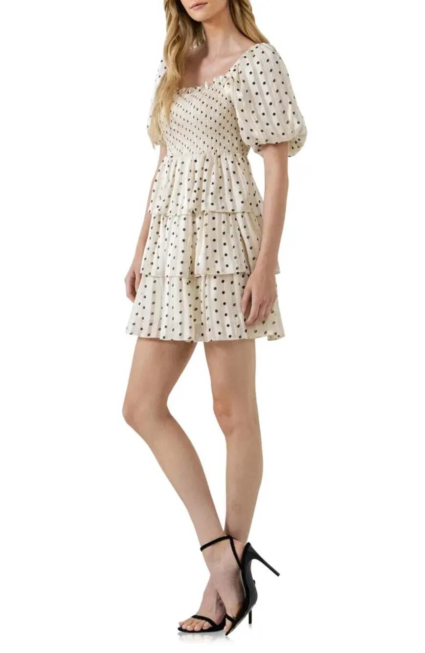 English Factory Polka Dot Lurex Multi Tiered Smocked Mini Dress, Small